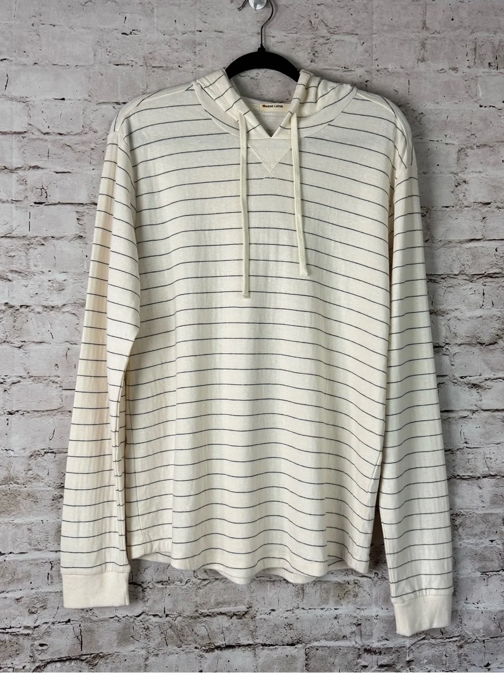 Marine Layer Men's Medium DK Pullover Hoodie Long Sleeve Shirt Striped Off White